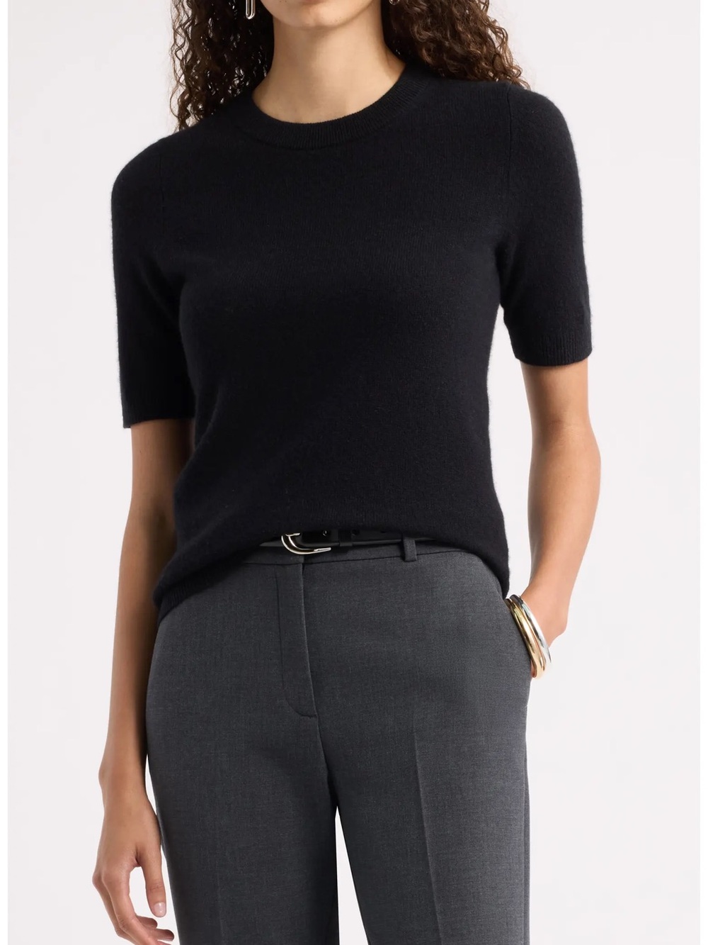 100% Cashmere Black Short-Sleeve Crewneck Knit Top by Nordstrom XL
